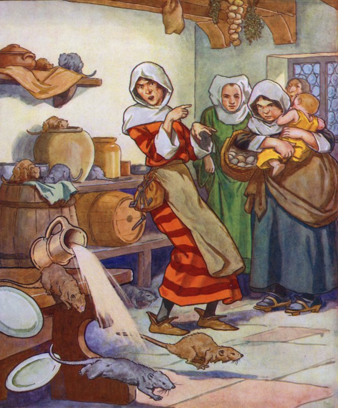 Illustratie voor De rattenvanger van Hamelen (kleurenlitho) door Thomas Heath Robinson