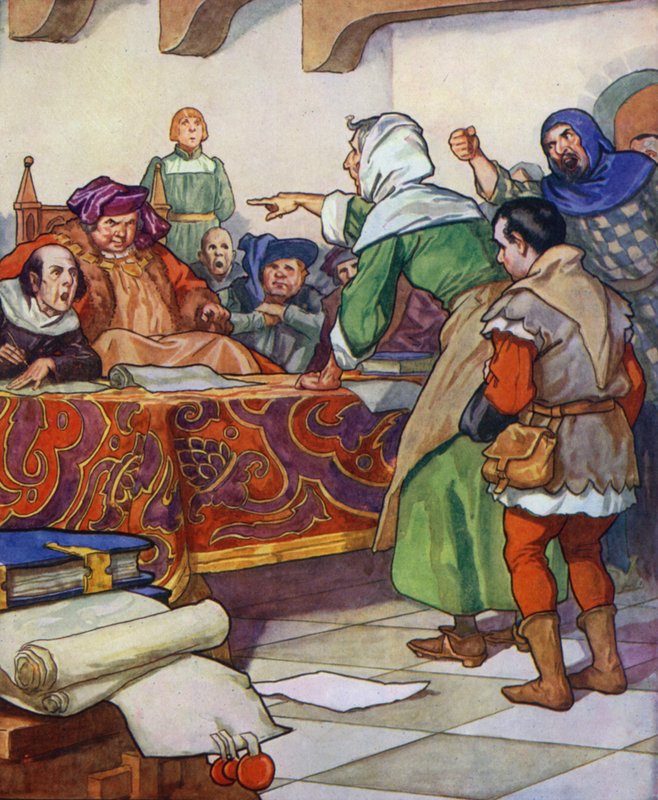 Illustratie voor De rattenvanger van Hamelen (kleurenlitho) door Thomas Heath Robinson