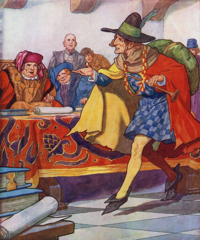 Illustratie voor De rattenvanger van Hamelen (kleurenlitho) door Thomas Heath Robinson