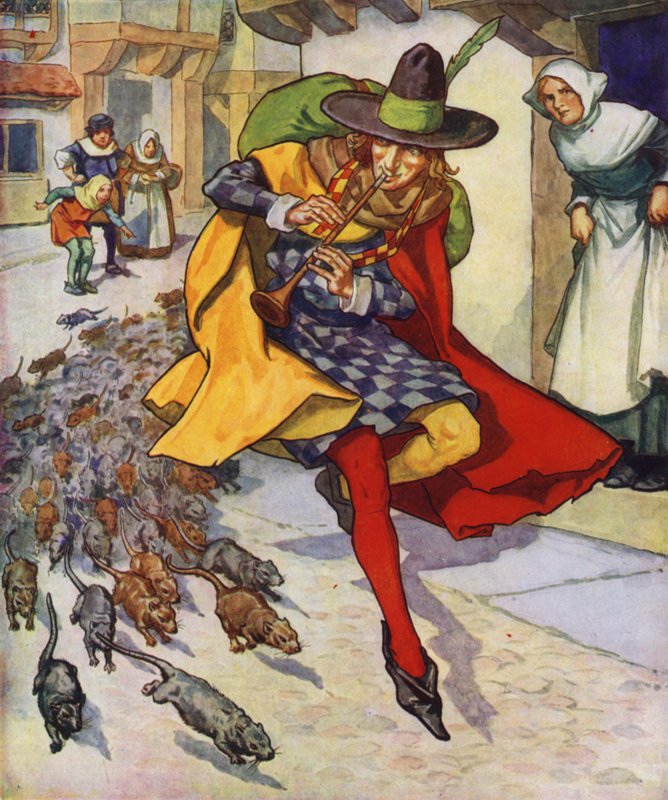 Illustratie voor De rattenvanger van Hamelen (kleurenlitho) door Thomas Heath Robinson