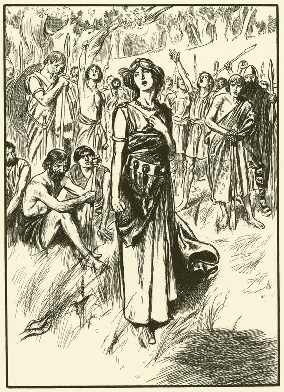 Koningin Boadicea en haar soldaten (gravure) door Thomas Heath Robinson