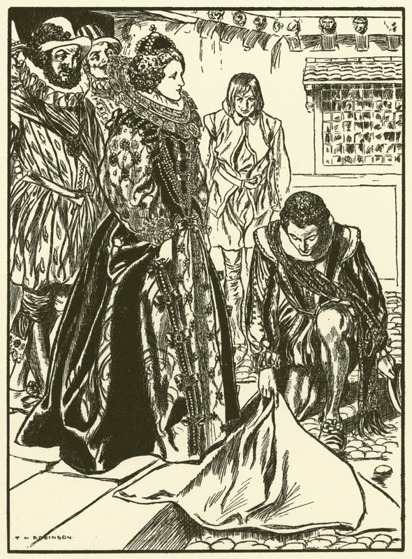 Raleigh spreidt zijn mantel uit voor Elizabeth (gravure) door Thomas Heath Robinson