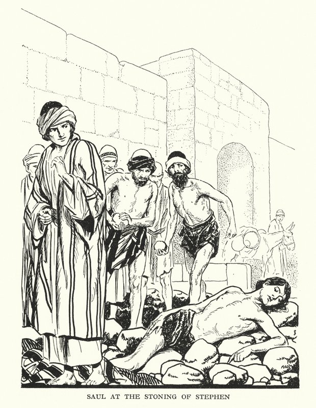 Saul bij de steniging van Stefanus (litho) door Thomas Heath Robinson