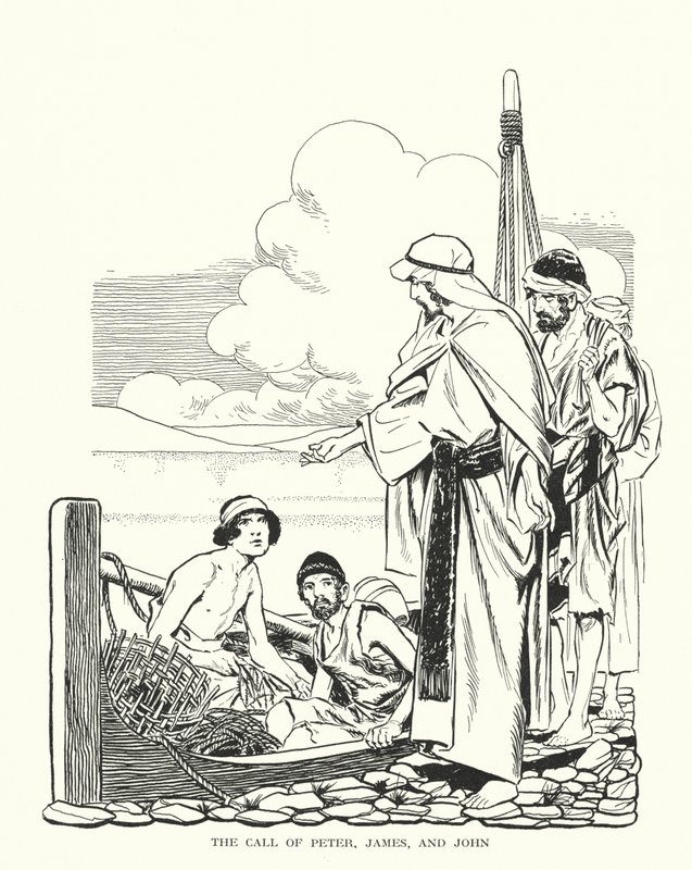 De roep van Petrus, Jakobus en Johannes (litho) door Thomas Heath Robinson