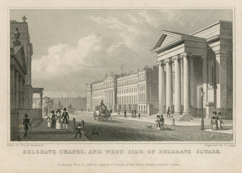 Belgrave Kapel en de westkant van Belgrave Square door Thomas Hosmer Shepherd
