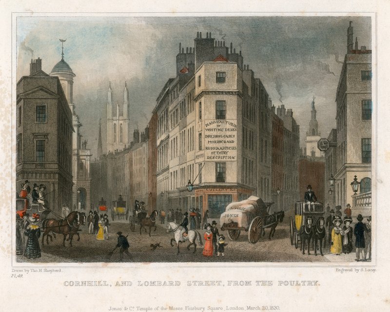 Cornhill en Lombard Street, Londen, vanaf de Poultry door Thomas Hosmer Shepherd