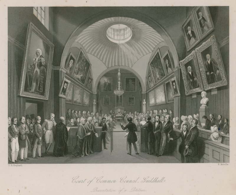 Hof van de Gemeenteraad, Guildhall, Londen; presentatie van een petitie door Thomas Hosmer Shepherd