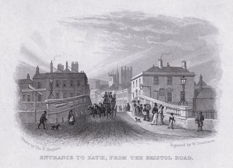 Ingang naar Bath, vanaf de Bristol Road (gravure) door Thomas Hosmer Shepherd