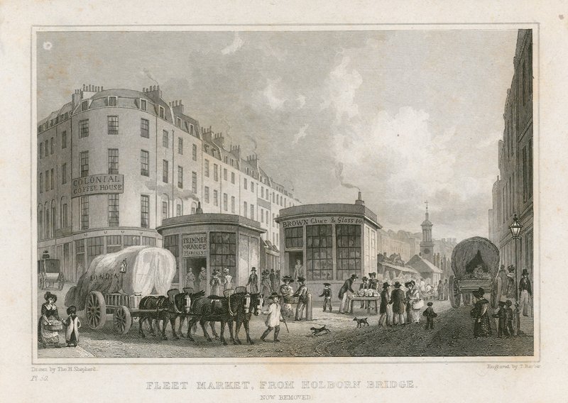 Fleet Market vanaf Holborn Bridge (nu verwijderd) door Thomas Hosmer Shepherd
