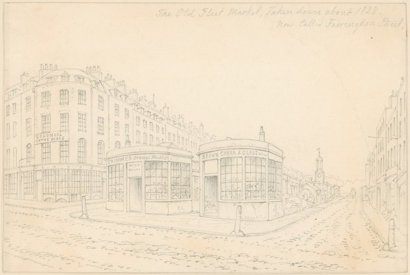 Fleet Market vanaf Holborn Bridge (nu verwijderd) door Thomas Hosmer Shepherd