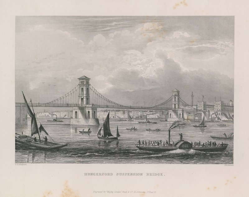 Hungerford Suspension Bridge over de Theems door Thomas Hosmer Shepherd