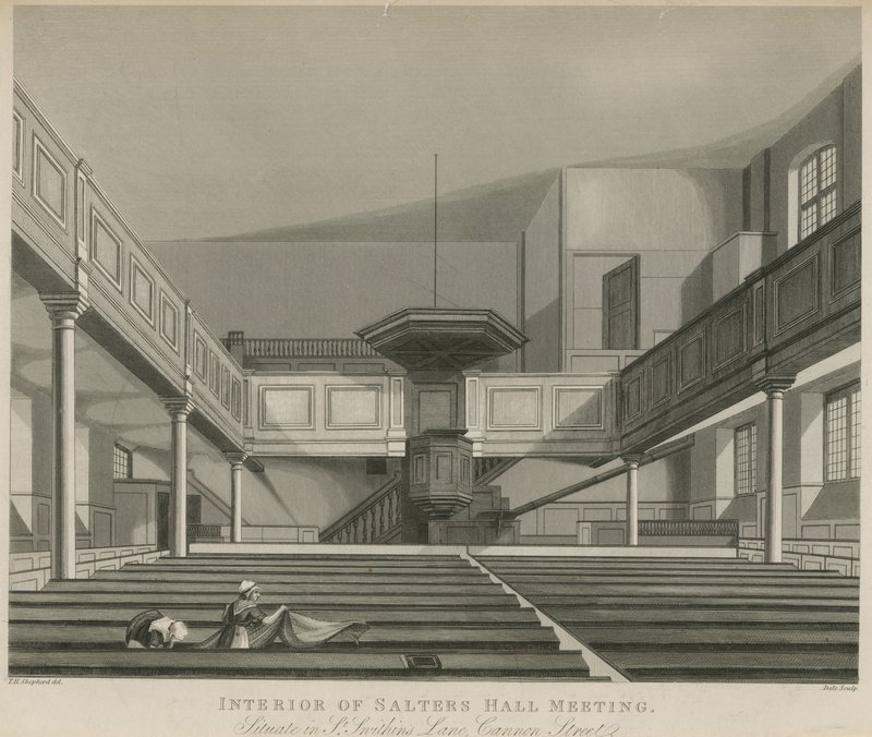 Interieur van Salters Hall Meeting, gelegen in St Swithins Lane, Cannon Street, Londen door Thomas Hosmer Shepherd