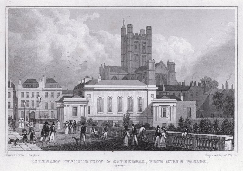 Literair instituut en kathedraal, vanaf North Parade, Bath door Thomas Hosmer Shepherd