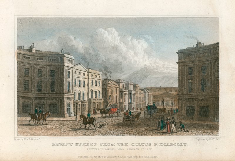 Regent Street vanaf het Circus Piccadilly, Londen door Thomas Hosmer Shepherd