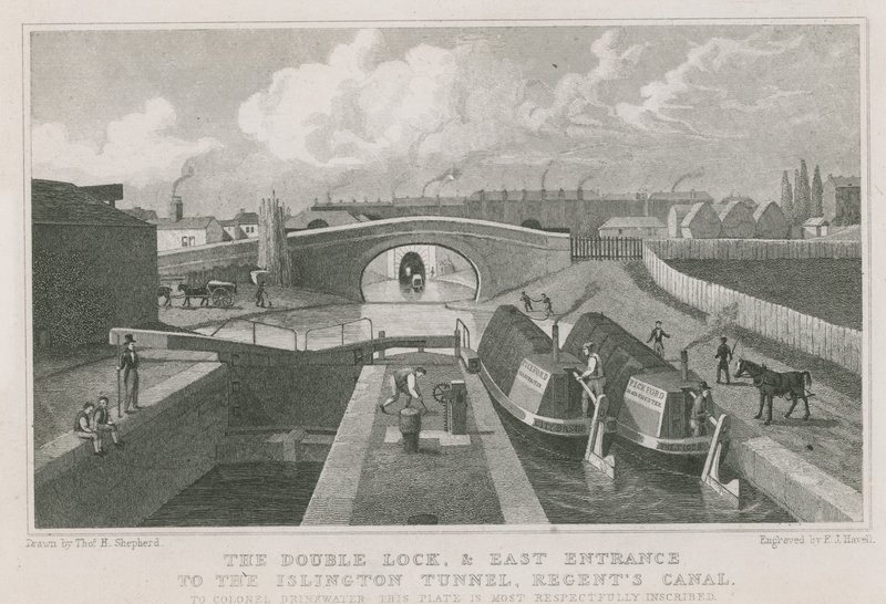 De dubbele sluis en oostelijke ingang van de Islington Tunnel door Thomas Hosmer Shepherd