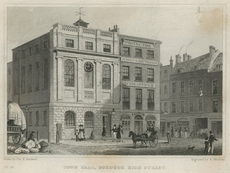 Stadhuis, Borough High Street (gravure) door Thomas Hosmer Shepherd