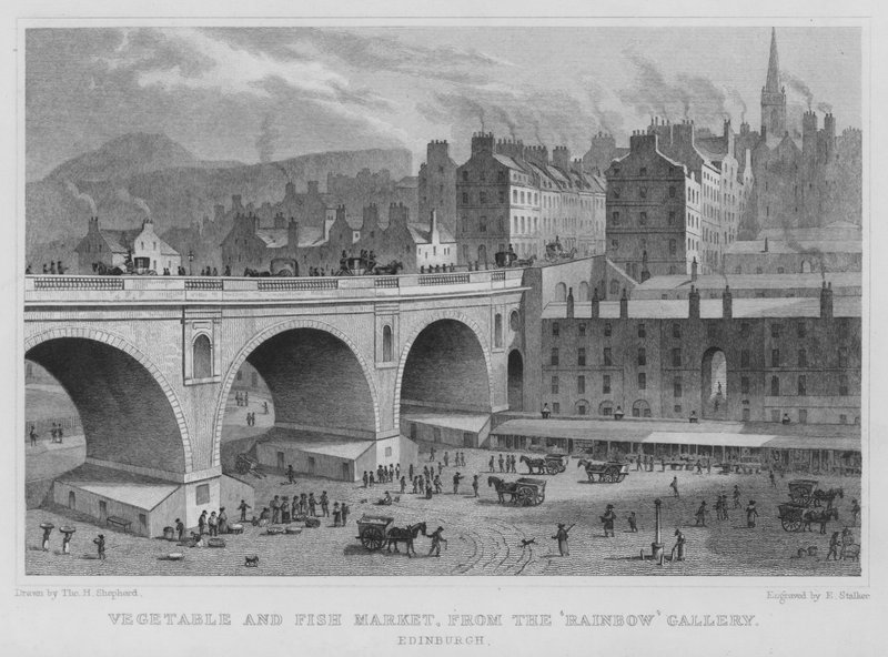 Groente- en vismarkt, vanaf de Rainbow Gallery, Edinburgh door Thomas Hosmer Shepherd
