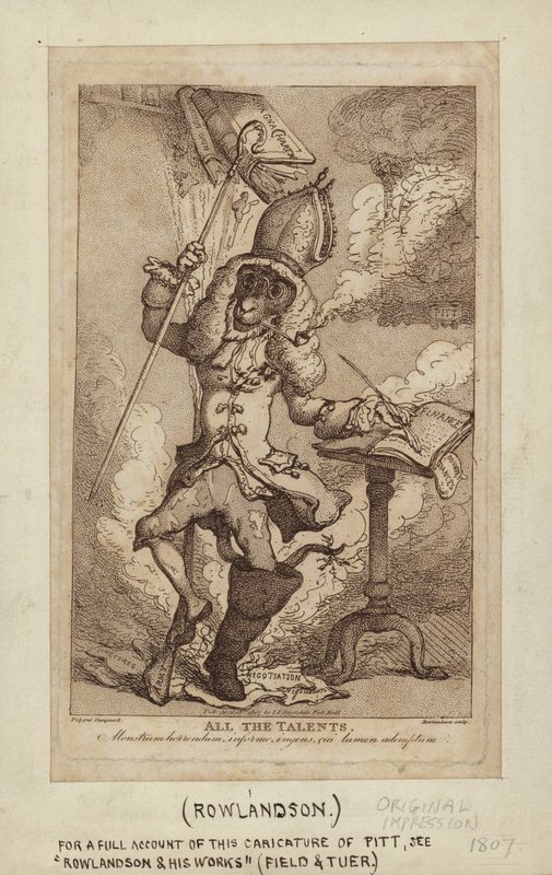 Karikatuur van William Pitt als een rokende geit (stippelgravure) door Thomas Rowlandson