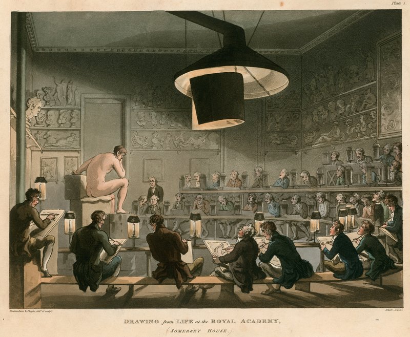 Tekenen naar het leven aan de Koninklijke Academie, Somerset House, Strand, Londen door Thomas Rowlandson