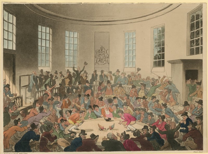 Illustratie van een menigte die naar een hanengevecht kijkt door Thomas Rowlandson