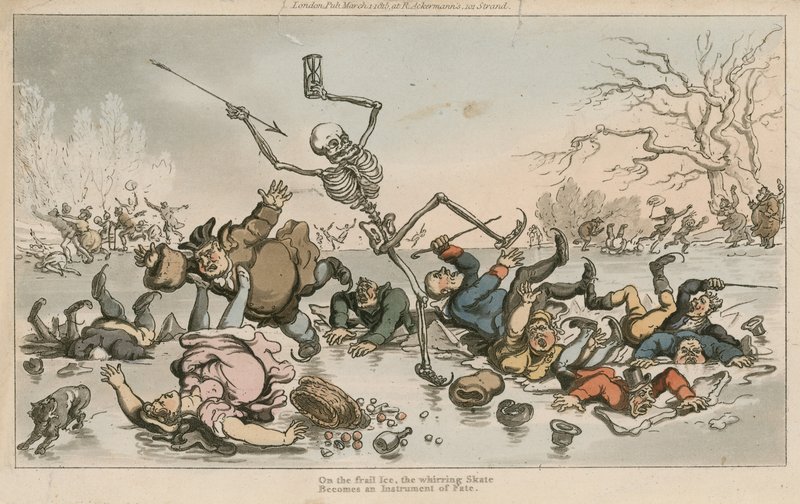 Op broos ijs, het zoemende schaats, wordt een instrument van het lot door Thomas Rowlandson