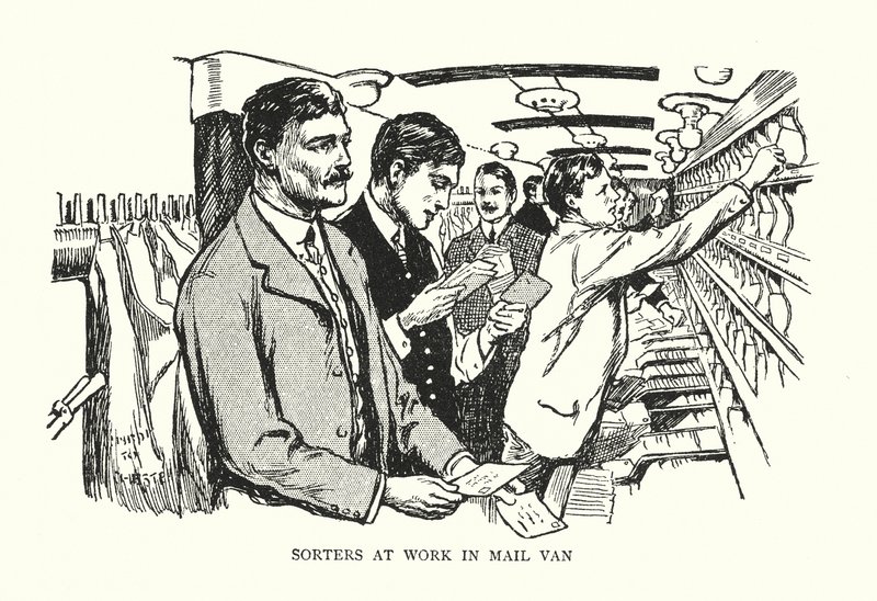 Sorteerders aan het werk in Postwagen (litho) door Thomas Somerfield