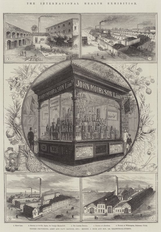 De Internationale Gezondheids Tentoonstelling, ingeblikte levensmiddelen, leger- en marine rantsoenen, enz., Messers J Moir en Zoon, 148, Leadenhall-Street door Thomas Sulman