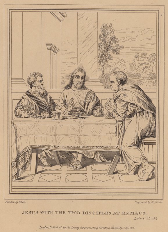 Jezus met de Twee Discipelen in Emmaüs, Lucas door Tiziano Vecelli