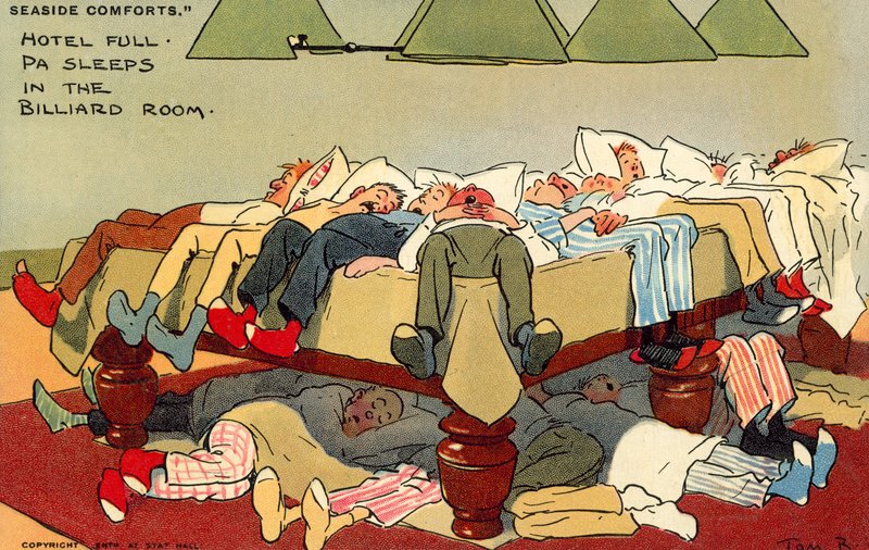 Hotel vol, pa slaapt in de biljartkamer (chromolitho) door Tom Browne