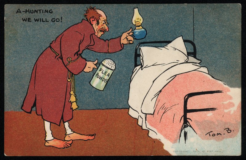 Man die op zoek is naar vlooien in zijn bed door Tom Browne