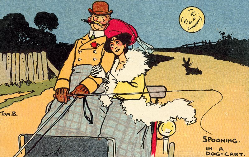Flirten in een hondenkar (chromolitho) door Tom Browne