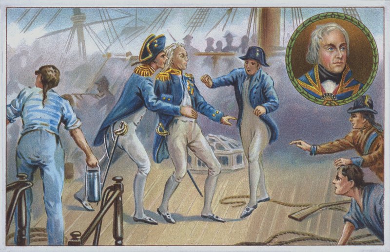 Lord Nelson gewond bij de Slag om Trafalgar in 1805. (chromolitho) door Unknown artist