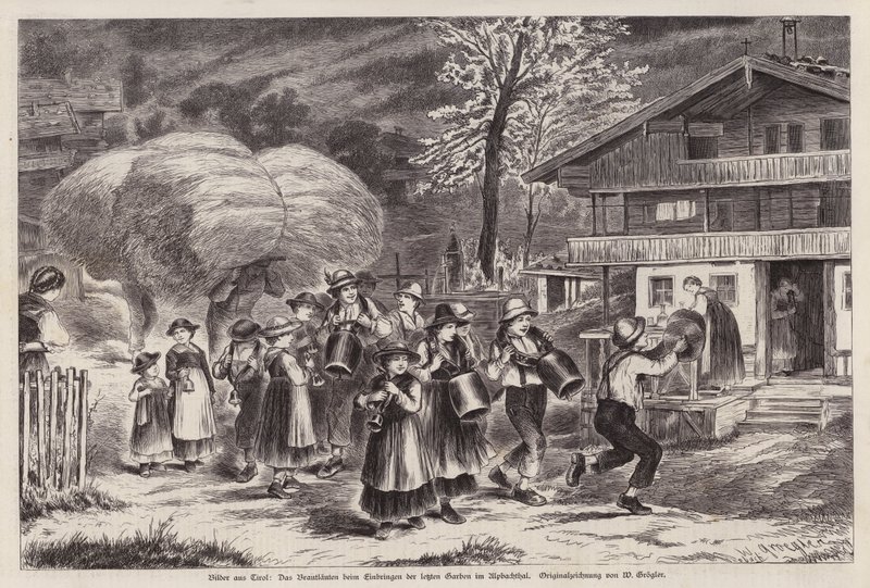 Traditioneel luiden van koeienbellen om het binnenhalen van de laatste oogst te vieren in het Alpbachtal, Tirol, Oostenrijk (gravure) door Unknown artist