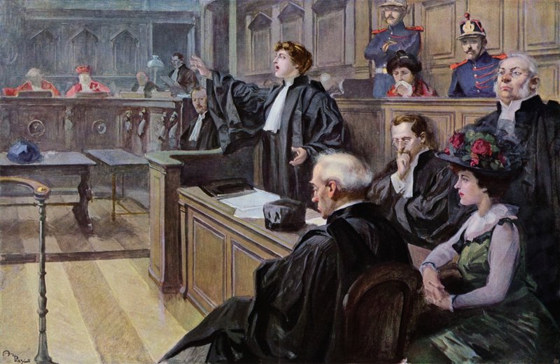 Vrouwelijke advocaat pleit in het Hof van Assisen (kleurenlitho) door Unknown artist
