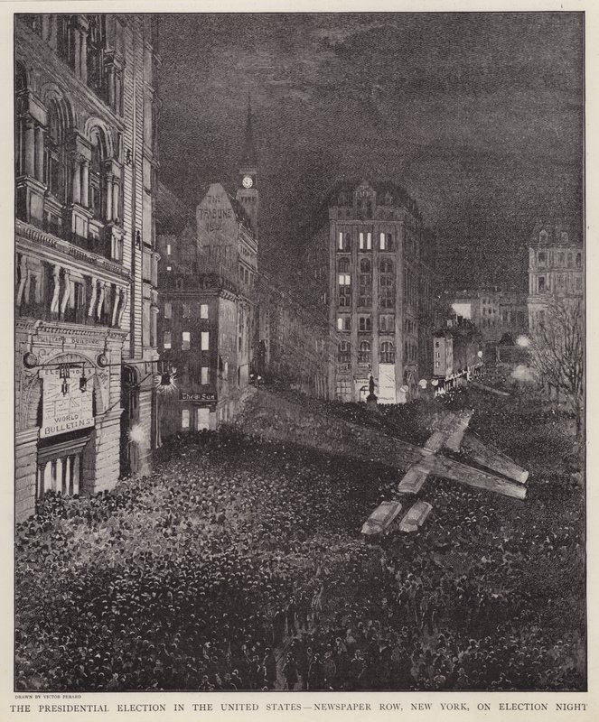Newspaper Row, New York City, op de avond van de Amerikaanse presidentsverkiezingen, 8 november 1892 door V. Perard