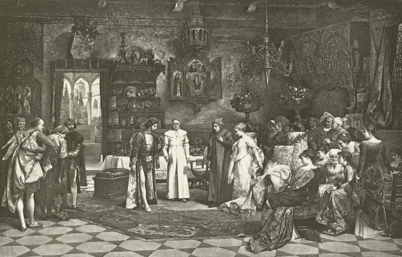 Petrarca en Laura geïntroduceerd door de keizer in Avignon (gravure) door Vaclav Brozik