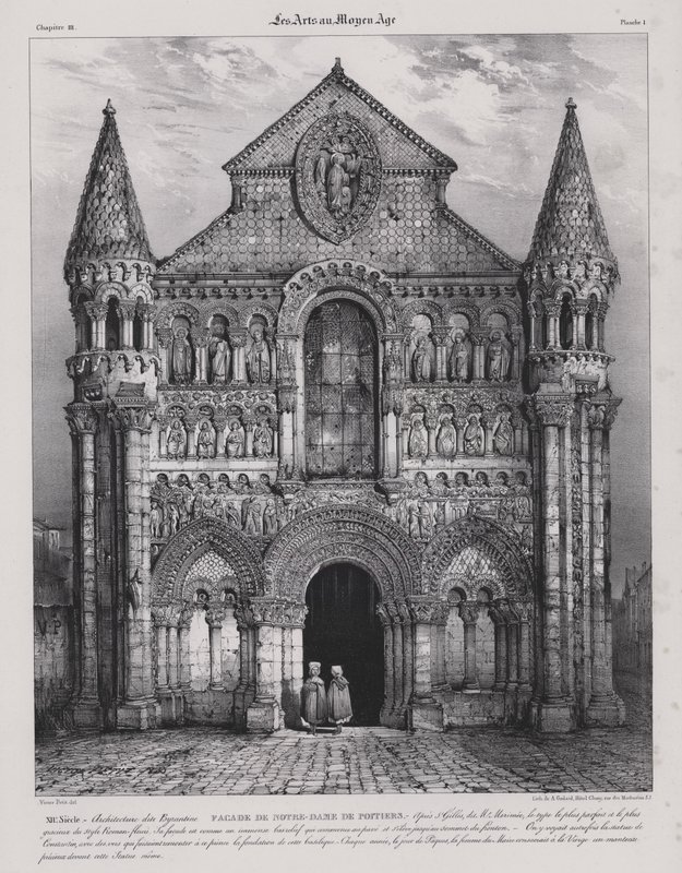 Romaans gevel van de Kerk van Notre Dame la Grande, Poitiers, Frankrijk door Victor Jean Baptiste (after) Petit