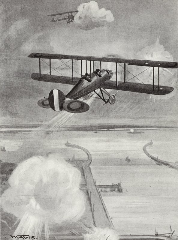 Squadron-Leider Richard Davies en Flight-Lieutenant Richard Peirse die bommen laten vallen op het onderzeebootstation in Zeebrugge onder zwaar vuur, 23 januari 1915 door W. Avis