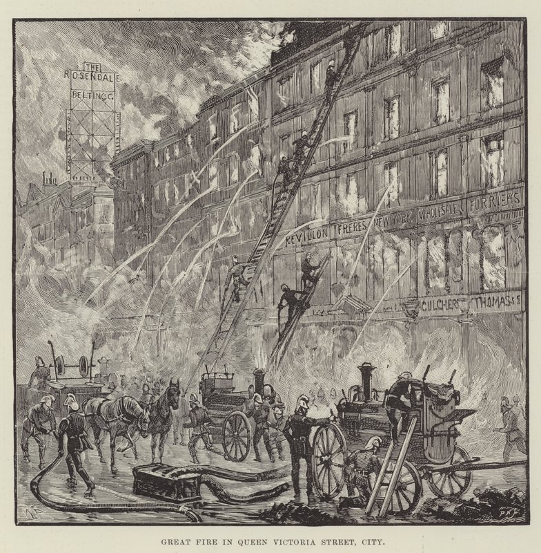 Grote brand in Queen Victoria Street, City door Walter Paget