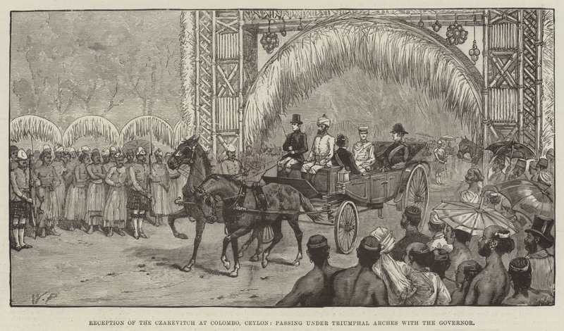 Ontvangst van de Czarevitch in Colombo, Ceylon, onder triomfbogen met de gouverneur door Walter Paget