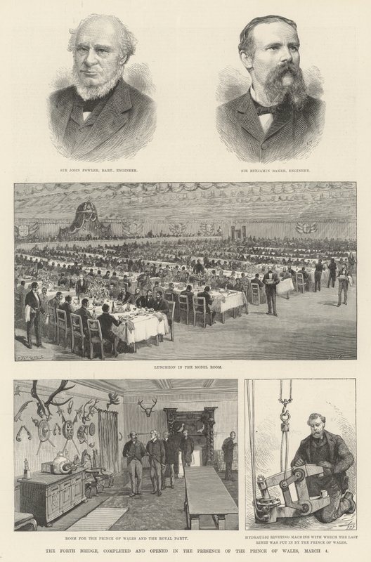 De Forth Bridge, voltooid en geopend in aanwezigheid van de Prins van Wales, 4 maart door Walter Paget