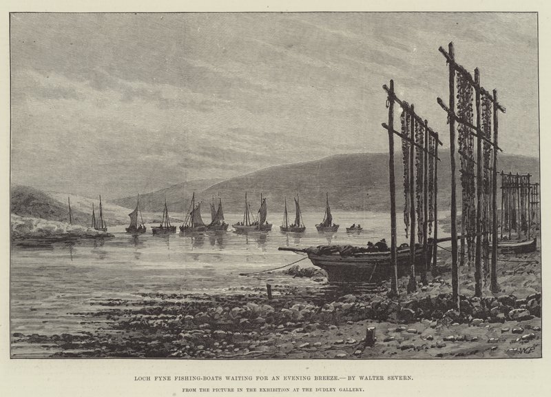 Loch Fyne Vissersboten wachten op een Avondbries door Walter Severn