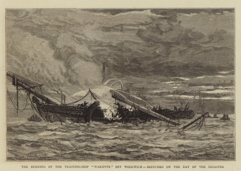 De brand van het opleidingsschip Warspite bij Woolwich, geschetst op de dag van de ramp door Walter William May
