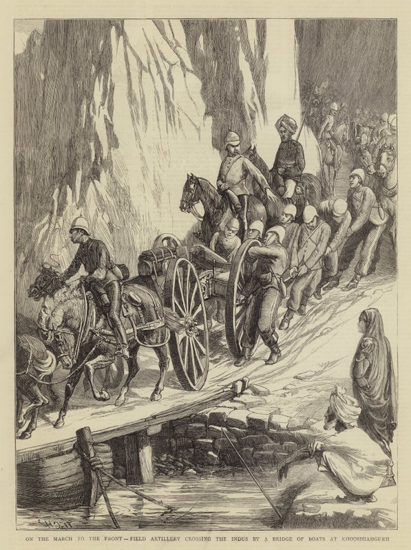 Op Mars naar het Front, Veldartillerie die de Indus oversteekt via een Brug van Boten bij Khooshiahgurh door Walter Charles Horsley