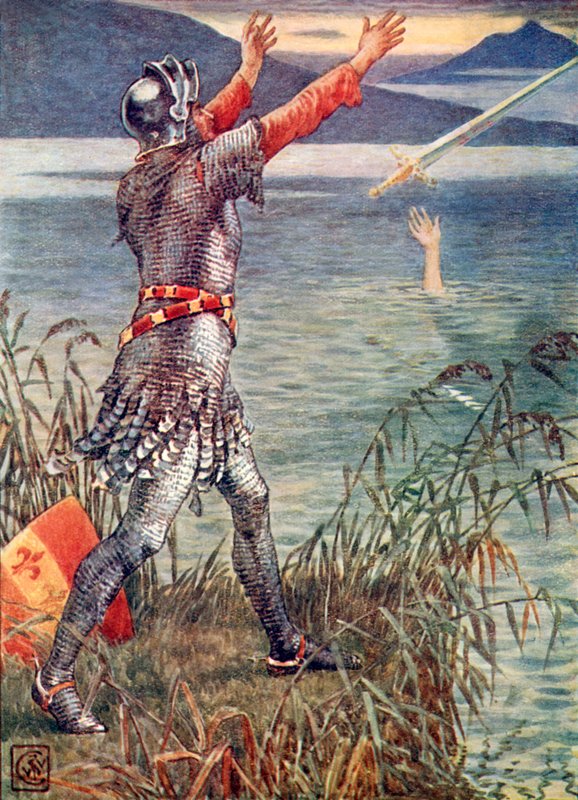 Sir Bedevere werpt het zwaard Excalibur in het meer door Walter Crane