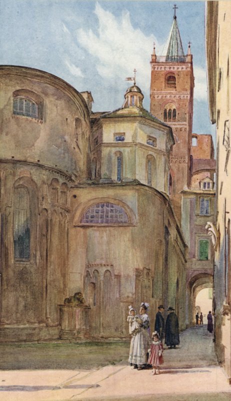 Romaanse kerk, Albenga, Italië (kleur litho) door Walter Frederick Roofe Tyndale