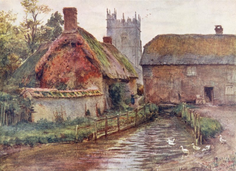 Wessex: De molen en kerk in Affpuddle, nabij Dorchester door Walter Frederick Roofe Tyndale