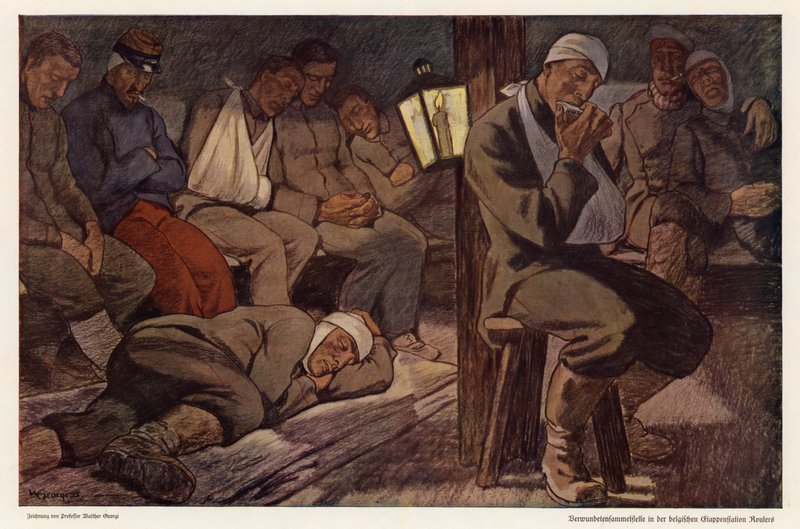 Gewonde soldaten bij het hulppost in Roulers, België, Eerste Wereldoorlog door Walter Georgi