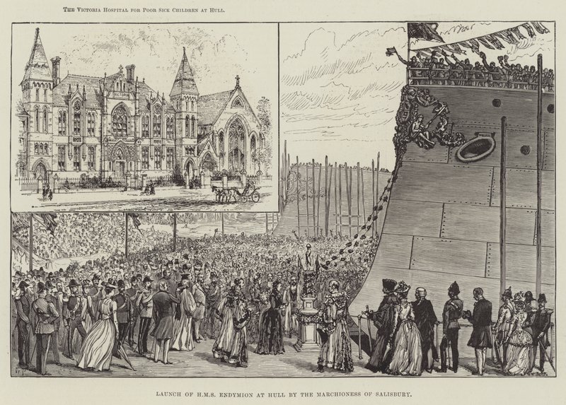 Te water laten van HMS Endymion in Hull door de markiezin van Salisbury door Walter Paget