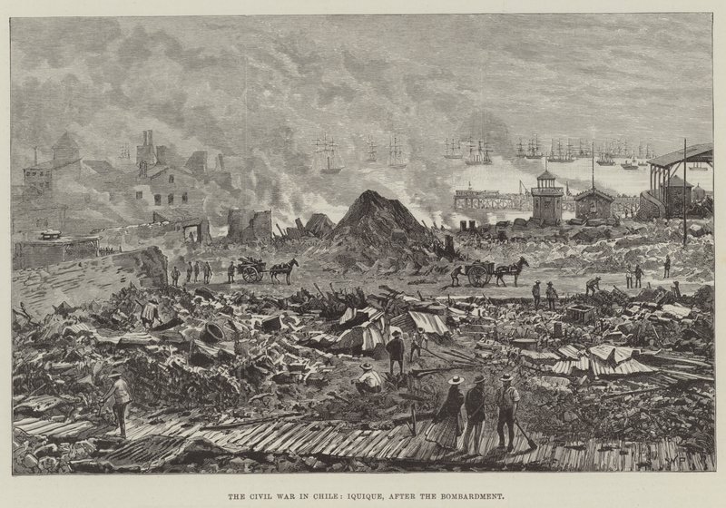 De burgeroorlog in Chili, Iquique, na het bombardement door Walter Paget